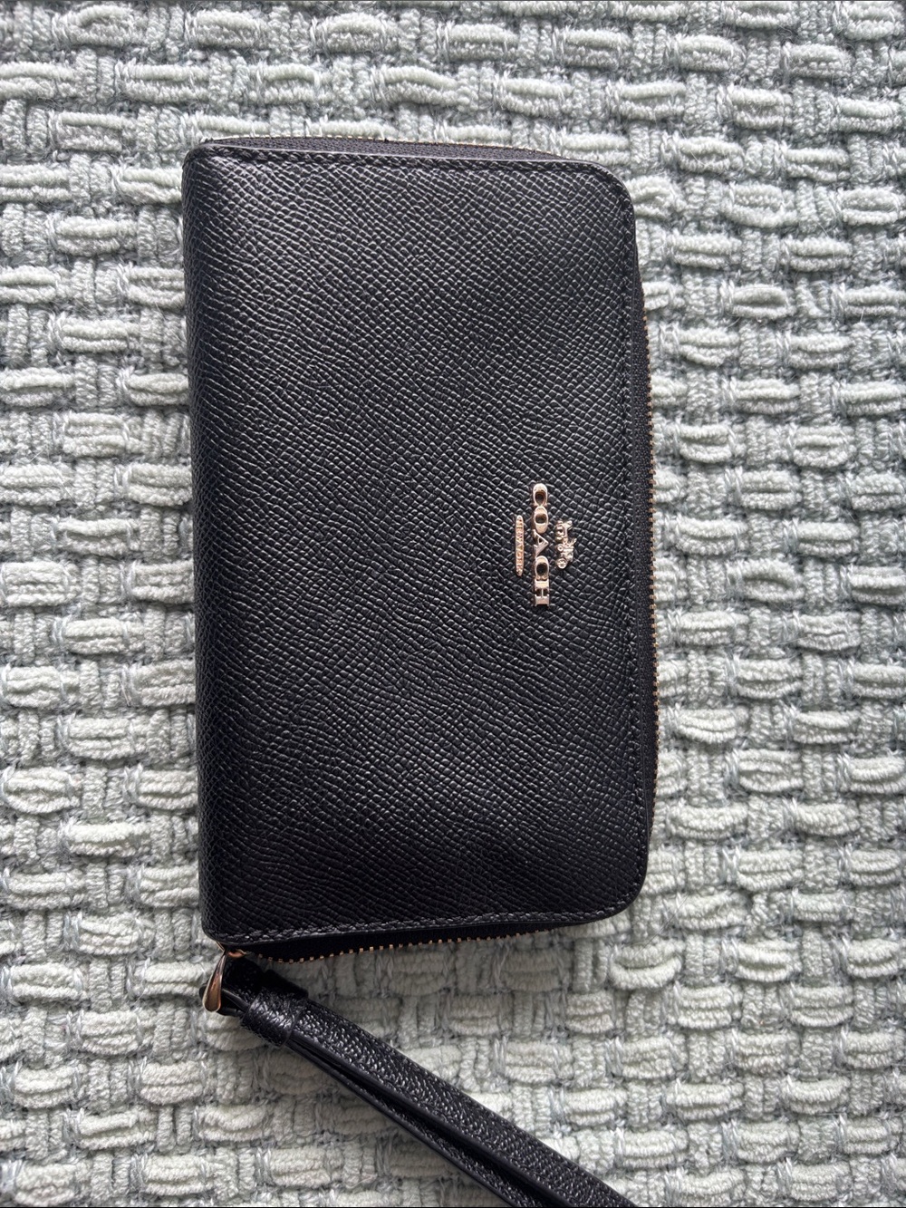 Coach Black Leather Zip Wristlet with Gold Tone Logo